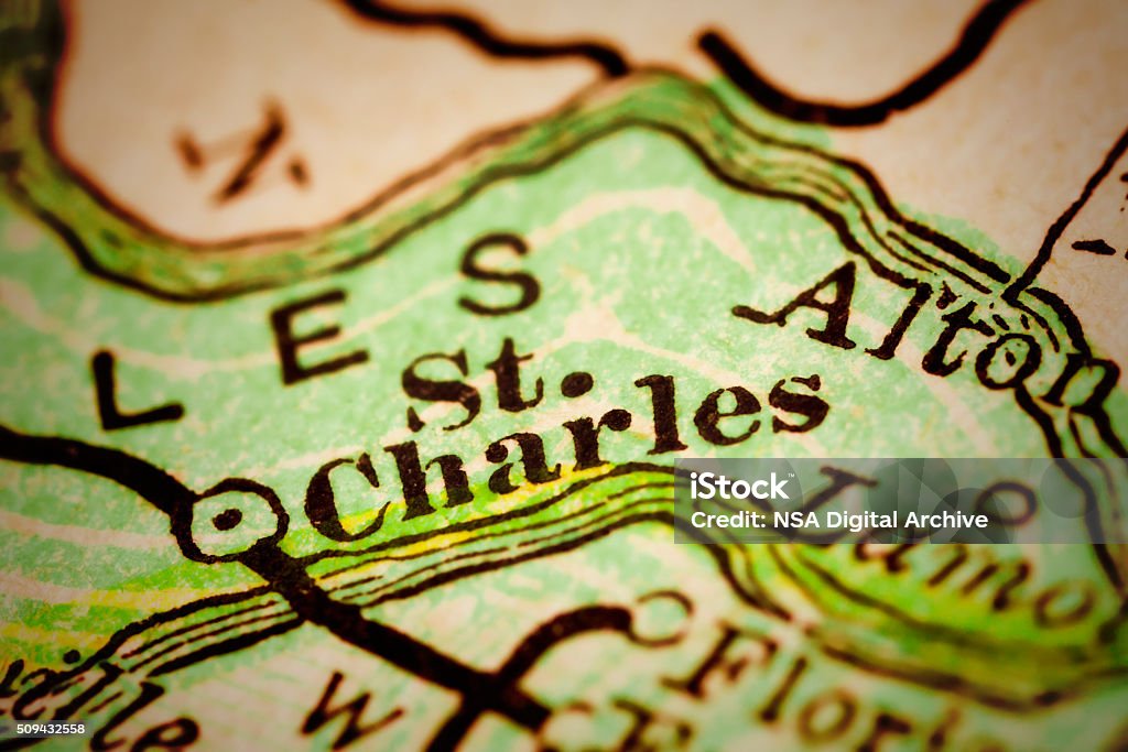 St. Charles, Missouri on an Antique map St. Charles, Missouri on 1880's map. Selective focus and Canon EOS 5D Mark II with MP-E 65mm macro lens. Saint Charles - Missouri Stock Photo
