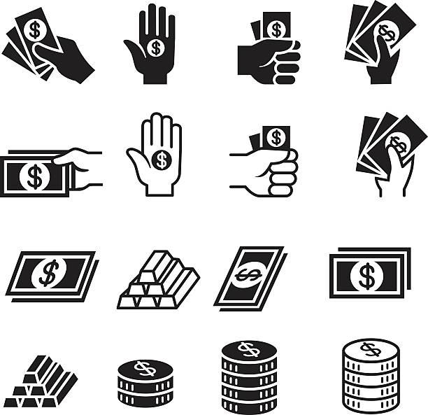 руки и деньги набок икон - coin gold finance currency stock illustrations