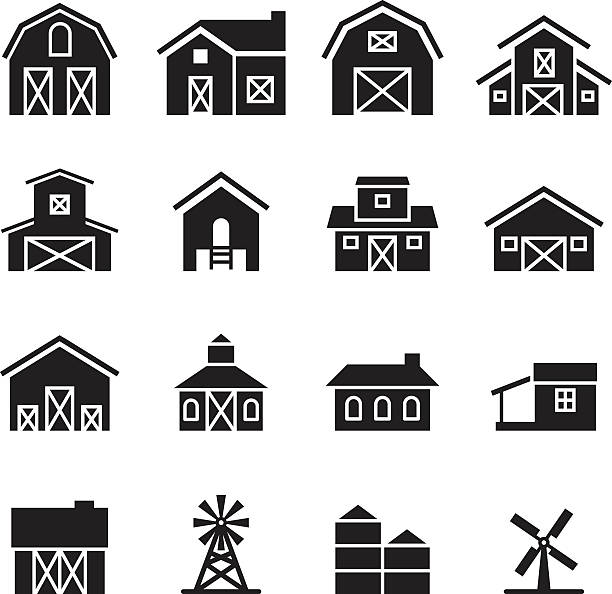 ilustraciones, imágenes clip art, dibujos animados e iconos de stock de granero &  granja conjunto de iconos de construcción - casa rural