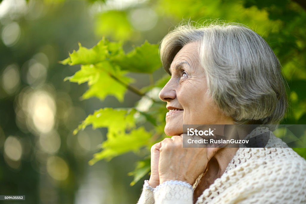 Portrait of a happy elderly woman outdoors Senior happy woman smiling on background of green summer leaves Adult Stock Photo