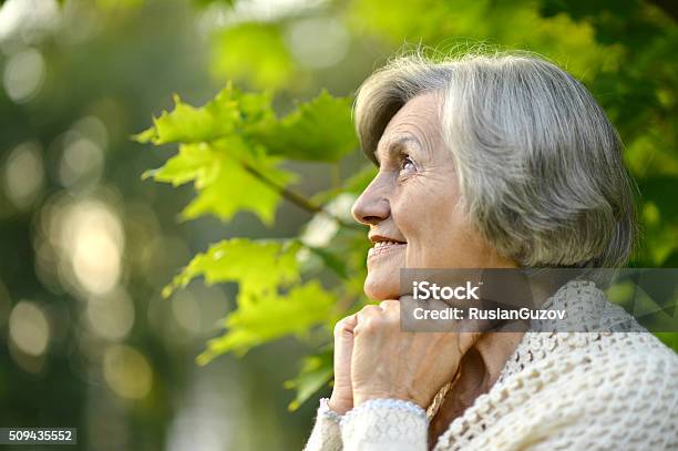 Portrait Of A Happy Elderly Woman Outdoors Stock Photo - Download Image Now - Adult, Cheerful, Contemplation