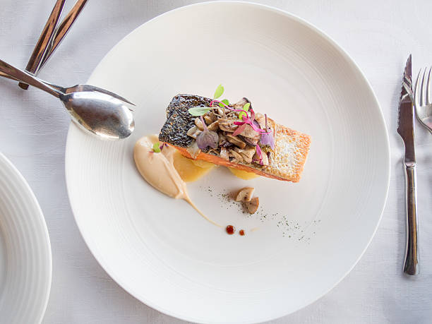 空から見たサーモンのモダンなお料理 - food gourmet plate dining ストックフォトと画像