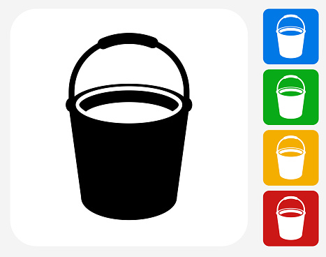 Cleaning Bucket Icon. This 100% royalty free vector illustration features the main icon pictured in black inside a white square. The alternative color options in blue, green, yellow and red are on the right of the icon and are arranged in a vertical column.