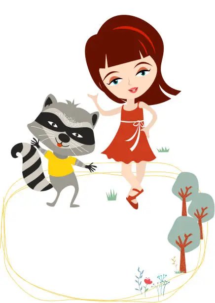 Vector illustration of Girl Dancing with a Raccoon