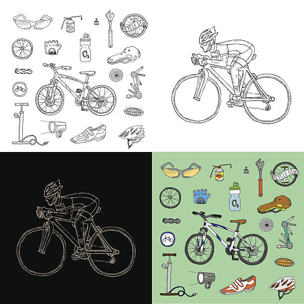 Bicycle stuff. Racing cyclist. Bicycle stuff. Racing cyclist. Big doodle set in vector. Isolated.  cycling bicycle pencil drawing cyclist stock illustrations