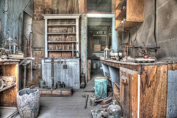 HDR Image Inside workshop Ghost town old mining village Bodie stock photo