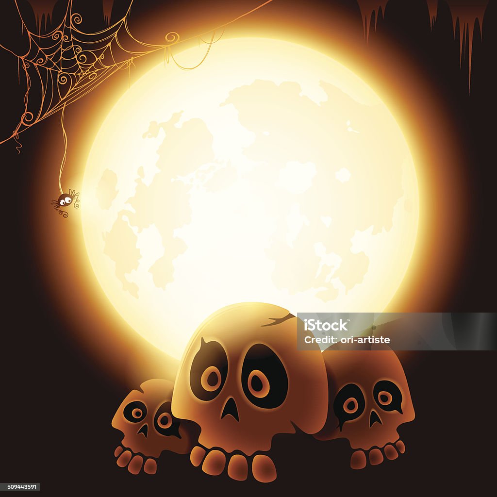 Crânios de Halloween sob a luz da lua - Vetor de Aranha - Aracnídeo royalty-free