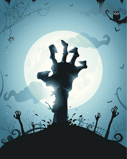 ilustraciones, imágenes clip art, dibujos animados e iconos de stock de zombie manos en luna llena - zombie halloween cemetery human hand