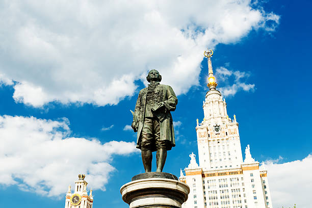 Lomonosov monument and main building of Moscow state University Lomonosov monument and main building of Moscow state University mikhail lomonosov stock pictures, royalty-free photos & images