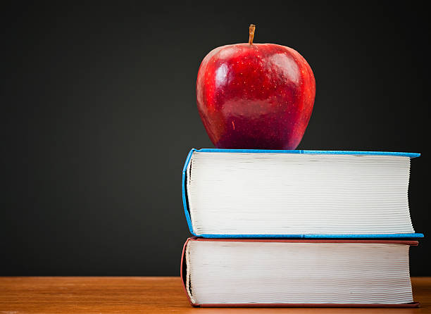 istock Stack of books with red apple and clean blackboard 509465805