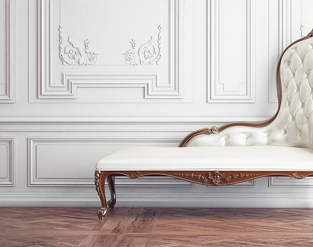 The beautiful vintage sofa The beautiful vintage sofa next to the wall (retro-style 3d illustration) chaise longue stock pictures, royalty-free photos & images