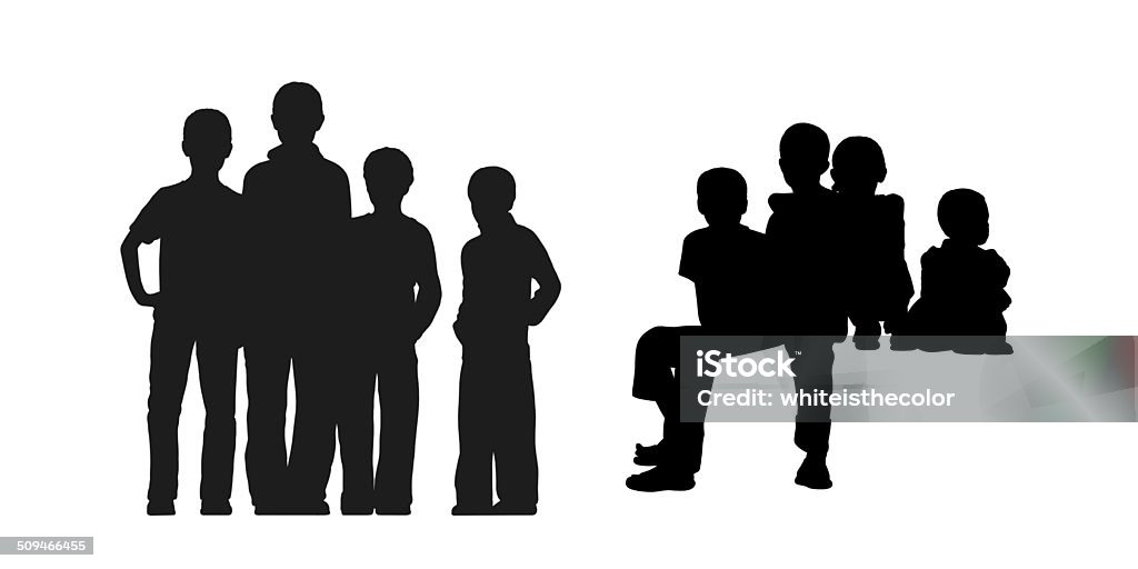 homeless boys in the street silhouettes set black silhouettes of medium group of gamins age 5-8 seated and standing together Child stock illustration