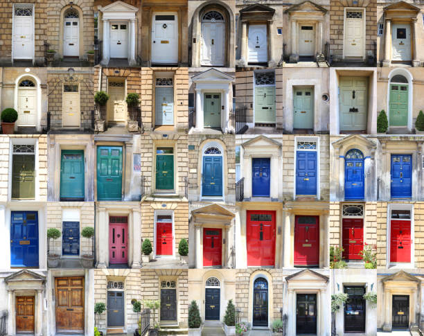 istock Image of multiple front doors collage / Georgian townhouse doors, colours 509467495