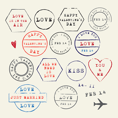 Wedding and Valentine's Day rubber stamps set. Love letter symbols. Vector Illustration.EPS10, Ai10, PDF, High-Res JPEG included.