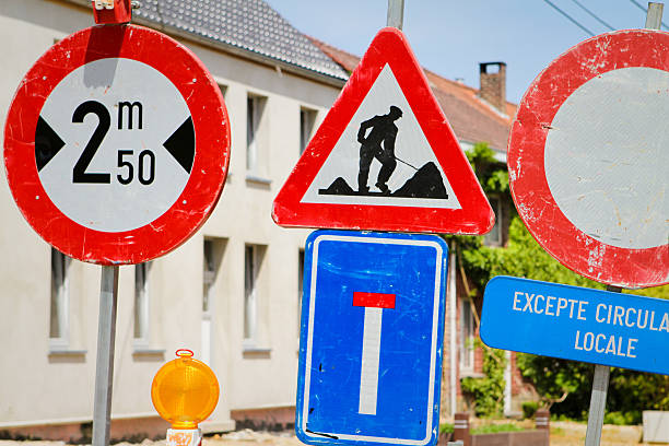 istock Road signs blocked road workers 2.5m large and 3.5 tons 509470127