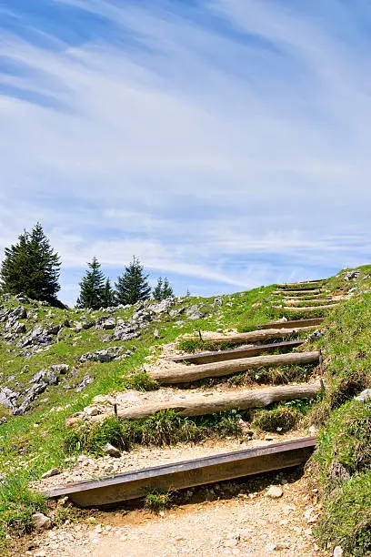 Path to the summit of the mountain Breitenstein with free space in sky in Bavaria, Germany