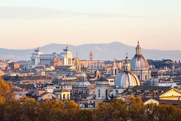 Roman citscape panorama at sunset, Rome Italy