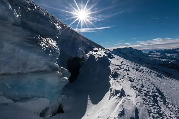 the last summer was much too warm and in late Dezember 2015 still no snow had fallen to fill the crevasses on the glacier below the peak of the Allalinhorn (4027m). They were as wide open as ever and finding a way through this labyrinth was quite an adventure.