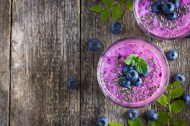 blueberry smoothie with chia seeds stock photo