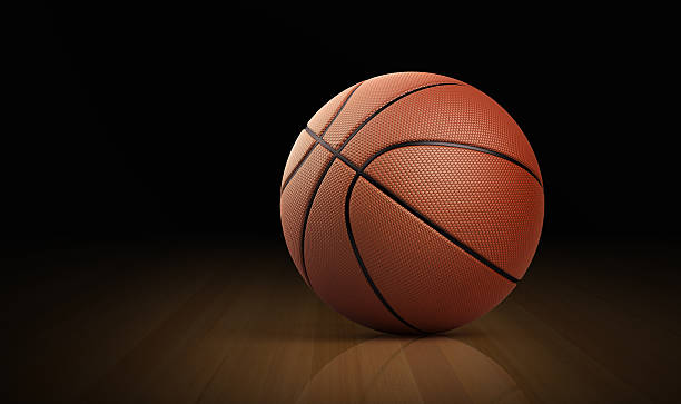 bola de basquete em couro, piso de madeira-de-lei - vista da cobertura superior - fotografias e filmes do acervo
