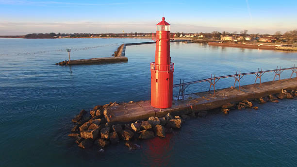 Beautiful Red Lighthouse at Algoma, Wisconsin Harbor on Lake Michigan