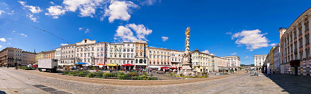 Panorama main square Linz stock photo