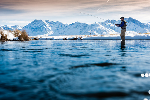 Winter Fly Fisherman on the Owens River, California.