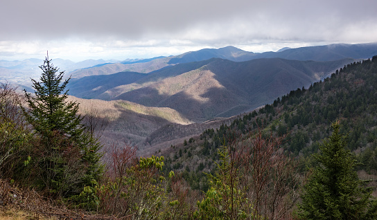 Scenic view from the Blue Ridge Parkway of the Smoky Mountains and the Blue Ridge Mountains.