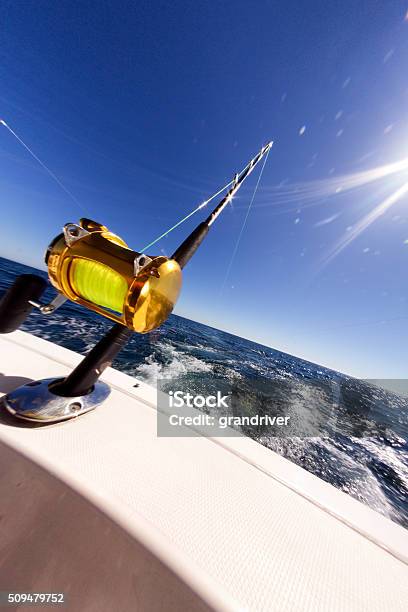 Ocean Fishing Reel On Boat At Sea Stock Photo - Download Image Now - Arts Culture and Entertainment, Atlantic Ocean, Beauty In Nature