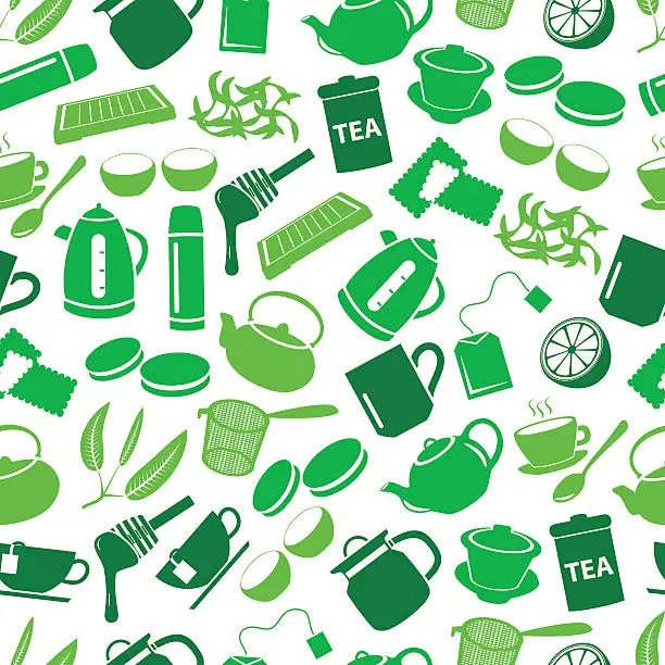 Vector illustration of tea theme green simple icons seamless pattern eps10