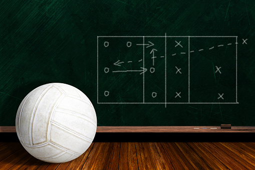 Volleyball and play strategy drawn on a background chalk board with copy space.