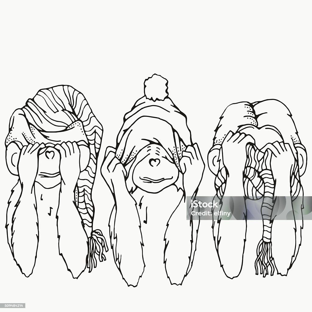 Three Monkeys. I do not see, not hear, not speak. Three Monkeys. I do not see, not hear, not speak. The symbol of the year 2016. Set of vector sketches. Sketch by trace. For coloring book. Abstract stock vector