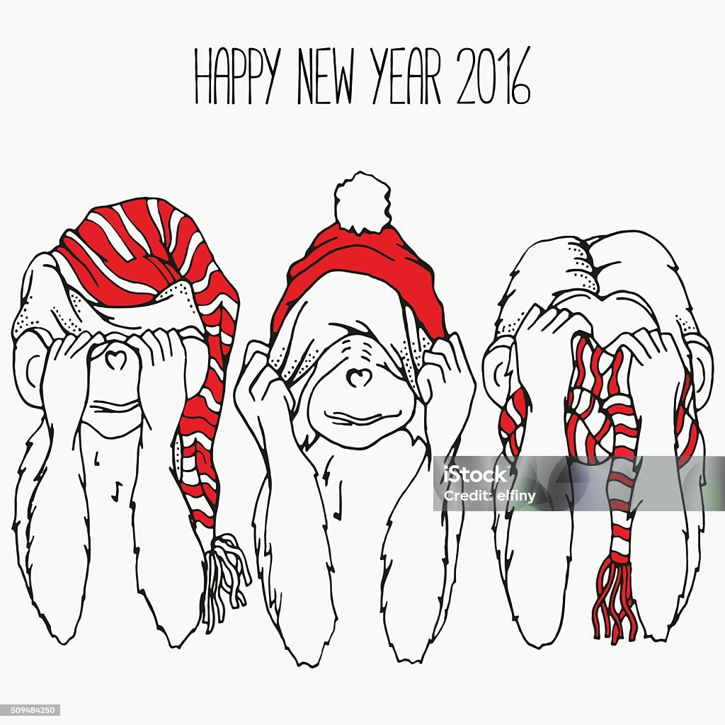 Three Monkeys. I do not see, not hear, not speak. Three Monkeys. I do not see, not hear, not speak. The symbol of the year 2016. Set of vector sketches. Sketch by trace. For coloring book. Abstract stock vector