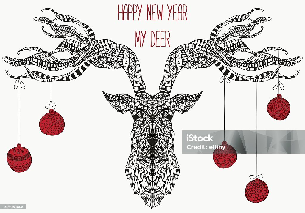 Artistically deer head. Happy new year my deer. Artistically deer head and xmas balls. patterns. Sketch by trace. Hand-drawn, ethnic, floral, doodle, vector, tribal design element. Black and white For coloring book Abstract stock vector