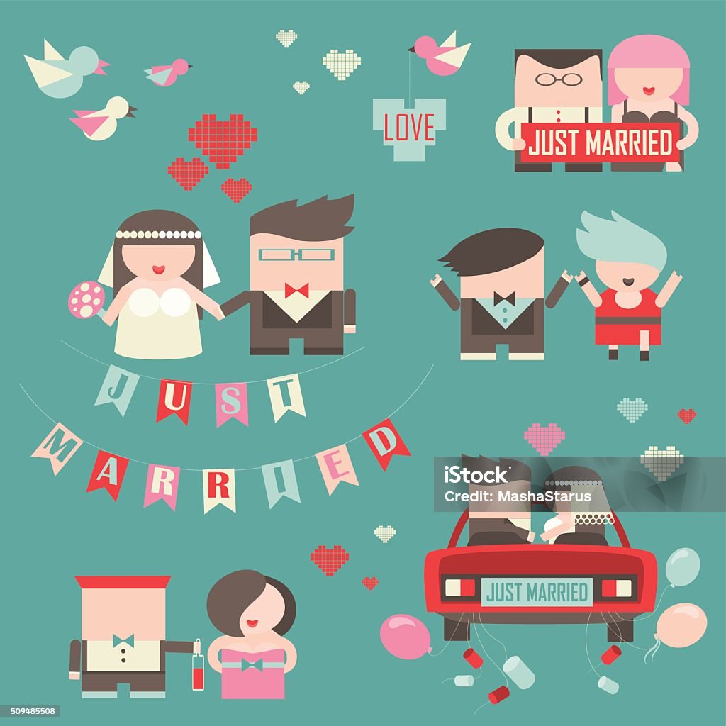 Collection of just married couples Collection of just married couples. Vector romantic set Congratulating stock vector