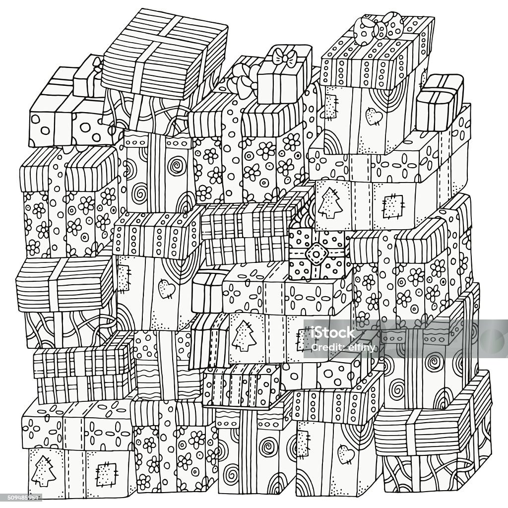 Pattern for coloring book. Pile of holiday gifts. Pattern for coloring book. Pile of holiday gifts. Hand-drawn decorative elements in vector. Fancy Christmas gifts. Black and white pattern.  Made by trace from sketch. Coloring Book Page - Illlustration Technique stock vector