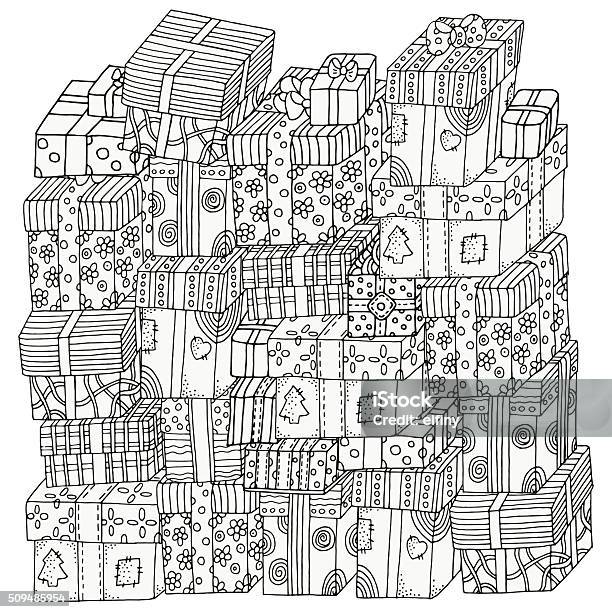 Pattern For Coloring Book Pile Of Holiday Gifts Stock Illustration - Download Image Now - Coloring Book Page - Illlustration Technique, Adult, Christmas