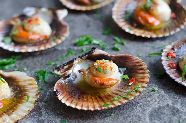 Scallops with chilli and garlic butter