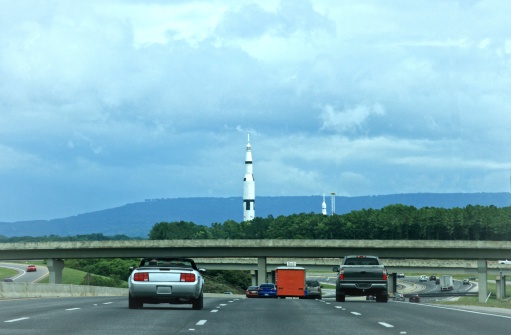 Saturn 5 rocket at the Space and rocket center Huntsville Alabama as seen from interstate 565.