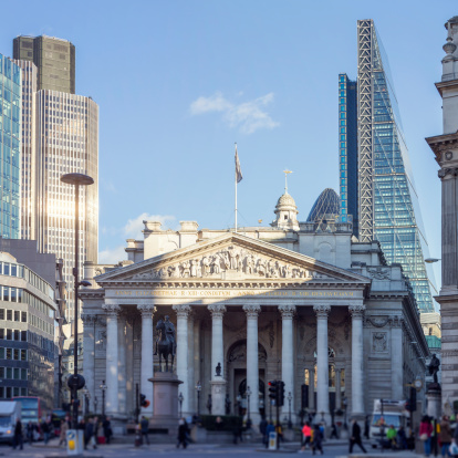 View of the financial district in the City of London with buildings including: The Bank of England, London Stock Exchange, Leadenhall Tower, 30 St Mary Axe and Tower 42.