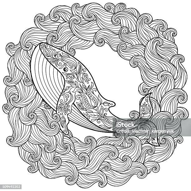 Hand Drawn Whale In The Waves For Coloring Page Stock Illustration - Download Image Now - Abstract, Adult, Animal