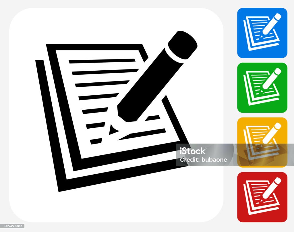 Paper and Pencil Icon Flat Graphic Design Paper and Pencil Icon. This 100% royalty free vector illustration features the main icon pictured in black inside a white square. The alternative color options in blue, green, yellow and red are on the right of the icon and are arranged in a vertical column. Document stock vector
