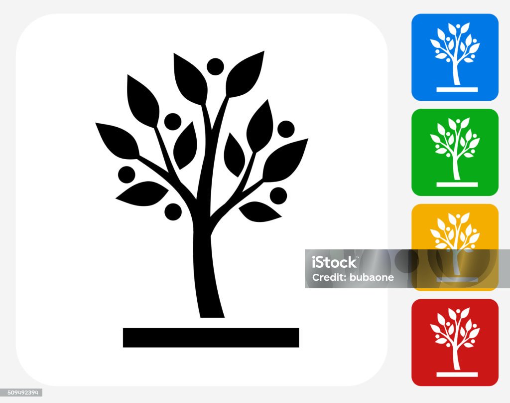 Growing tree Icon Flat Graphic Design Growing tree Icon. This 100% royalty free vector illustration features the main icon pictured in black inside a white square. The alternative color options in blue, green, yellow and red are on the right of the icon and are arranged in a vertical column. Tree stock vector