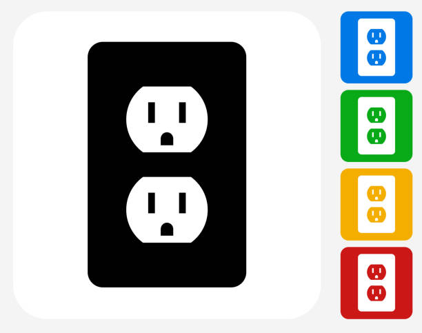 Outlet Icon Flat Graphic Design Outlet Icon. This 100% royalty free vector illustration features the main icon pictured in black inside a white square. The alternative color options in blue, green, yellow and red are on the right of the icon and are arranged in a vertical column. electrical outlet white background stock illustrations