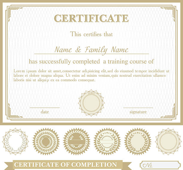 Gold horizontally certificate template with additional design elements Gold horizontally certificate template with additional design elements certificate stock illustrations