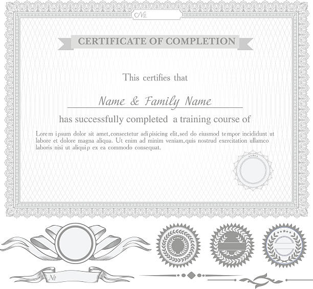 gray horizontal zertifikat vorlage mit zusätzliche design-elemente - frame silver pattern swirl stock-grafiken, -clipart, -cartoons und -symbole