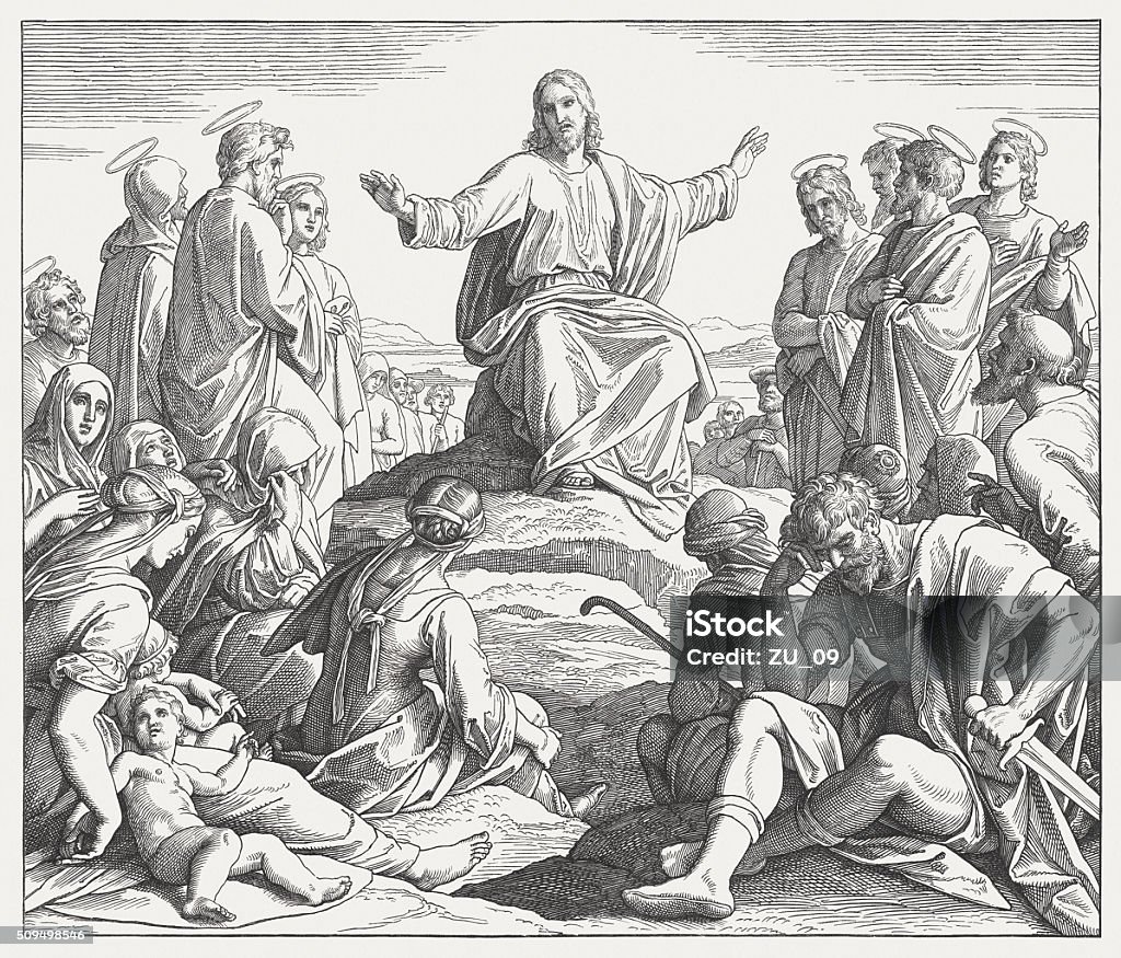 Jesus' Sermon on the Mount (Matthew 5), published in 1860 Jesus' Sermon on the Mount. Wood engraving by Julius Schnorr von Carolsfeld (German painter, 1794 - 1872), published in 1860. Preacher stock illustration