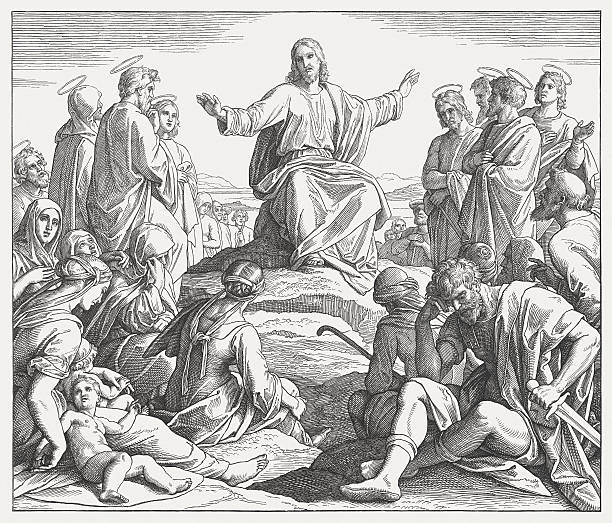 Jesus' Sermon on the Mount (Matthew 5), published in 1860 Jesus' Sermon on the Mount. Wood engraving by Julius Schnorr von Carolsfeld (German painter, 1794 - 1872), published in 1860. apostle worshipper stock illustrations