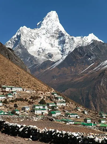 Mount Ama Dablam and Khumjung village near Namche bazar, way to Mount Everest base camp, Sagarmatha national park, Khumbu valley, Solukhumbu, Nepal