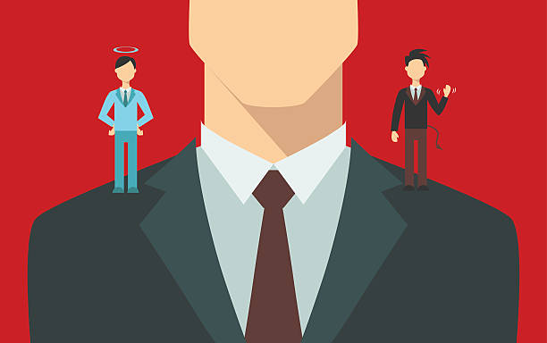 Decision-making Businessman with angel and devil on his shoulders. pics of a bewitched stock illustrations